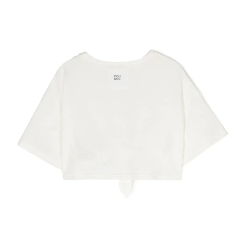 Cropped T-shirt z paskami na przodzie i nadrukiem z logo