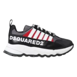 Czarne skórzane dziecięce buty sportowe z białymi paskami