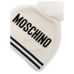 Dzianinowa czapka z pomponem i logo misia
