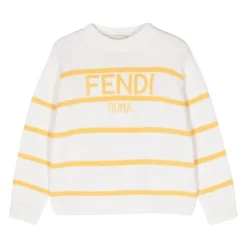 Kremowy sweter w paski z logo
