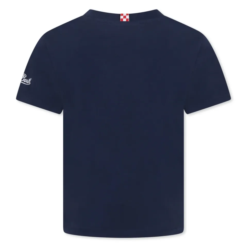 Niebieski T-shirt z nadrukiem złotej rybki