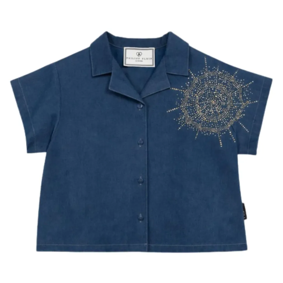 Rhinestone Spiderweb Cotton Shirt