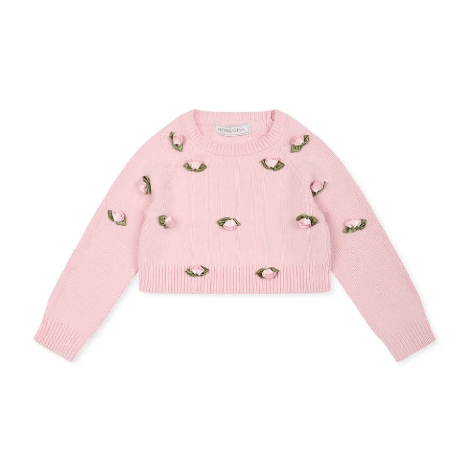 Różowy Sweter z Bawełny z Różami