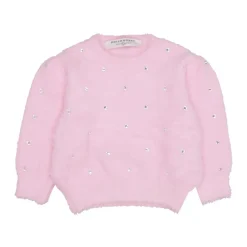 Różowy sweter z imitacji futra z dżetami