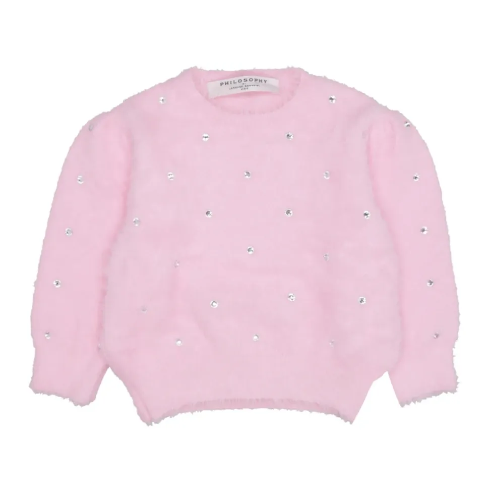 Różowy sweter z imitacji futra z dżetami