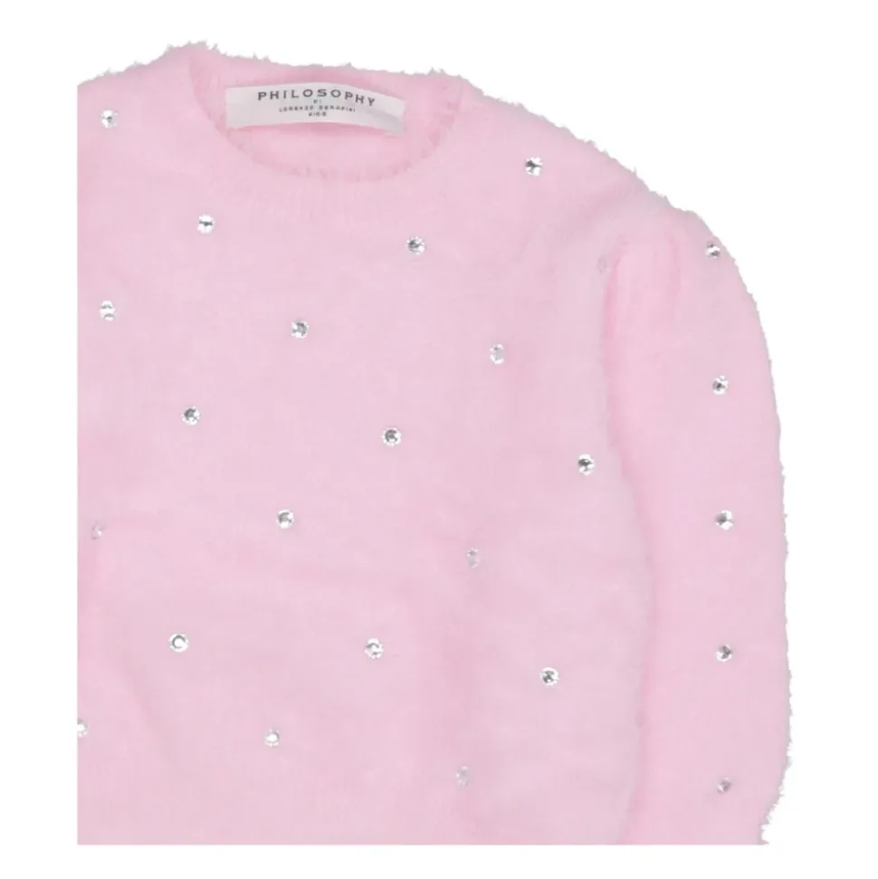 Różowy sweter z imitacji futra z dżetami