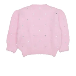 Różowy sweter z imitacji futra z dżetami