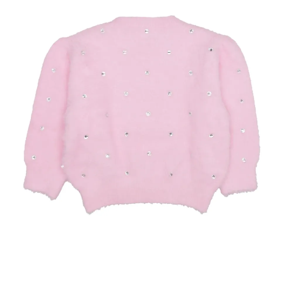 Różowy sweter z imitacji futra z dżetami