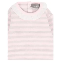 Różowy sweter z wełny z beżowymi paskami