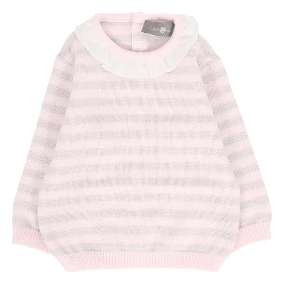 Różowy sweter z wełny z beżowymi paskami
