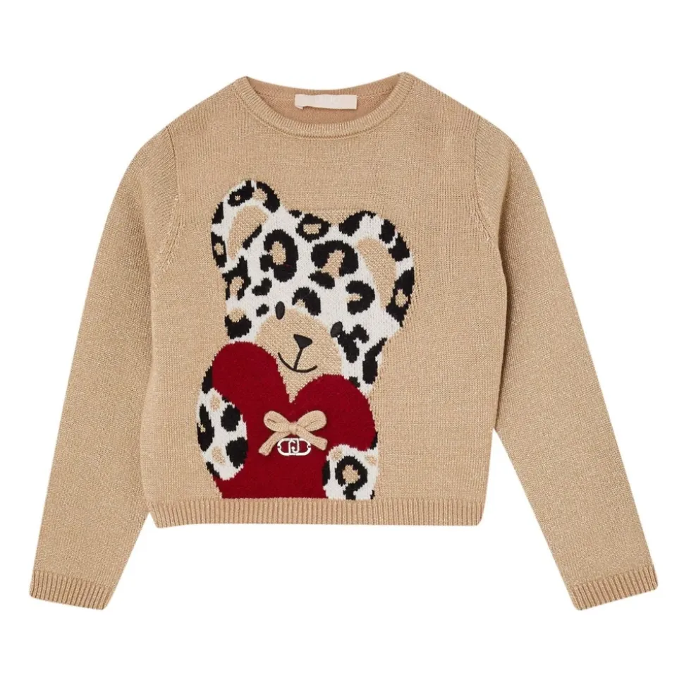 Sweter z dekoltem typu teddy i plamistym motywem z przodu