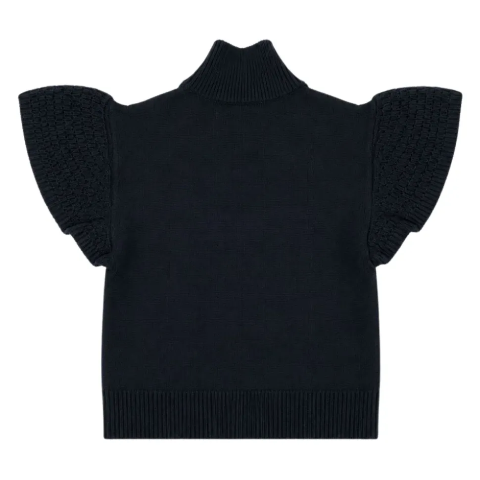 Sweter z haftem i falbankami przy rękawach