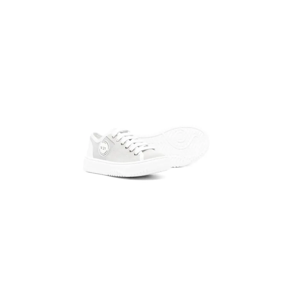 Szare Skórzane Sneakersy Okrągły Nosek Logo Patch