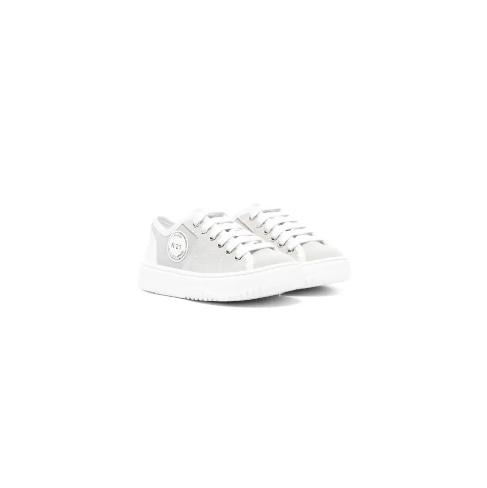 Szare Skórzane Sneakersy Okrągły Nosek Logo Patch