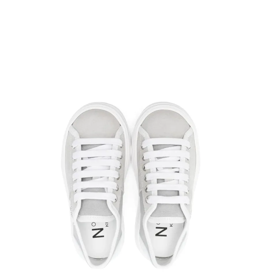 Szare Skórzane Sneakersy Okrągły Nosek Logo Patch