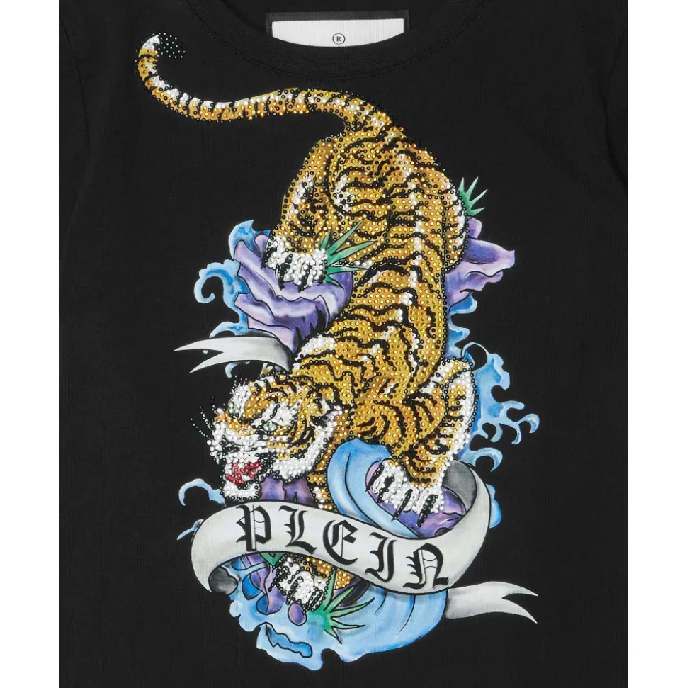 T-Shirt Okrągły Dekolt z Kryształami Tattoo