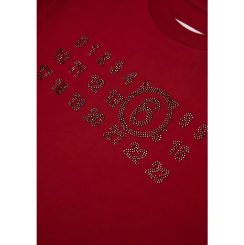 T-shirt z logo i dżetami oraz asymetrycznym dołem
