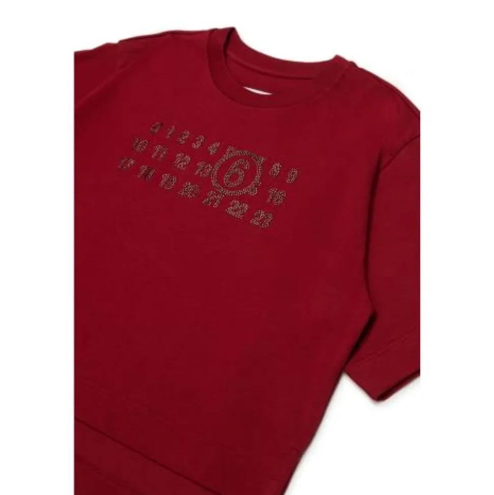 T-shirt z logo i dżetami oraz asymetrycznym dołem