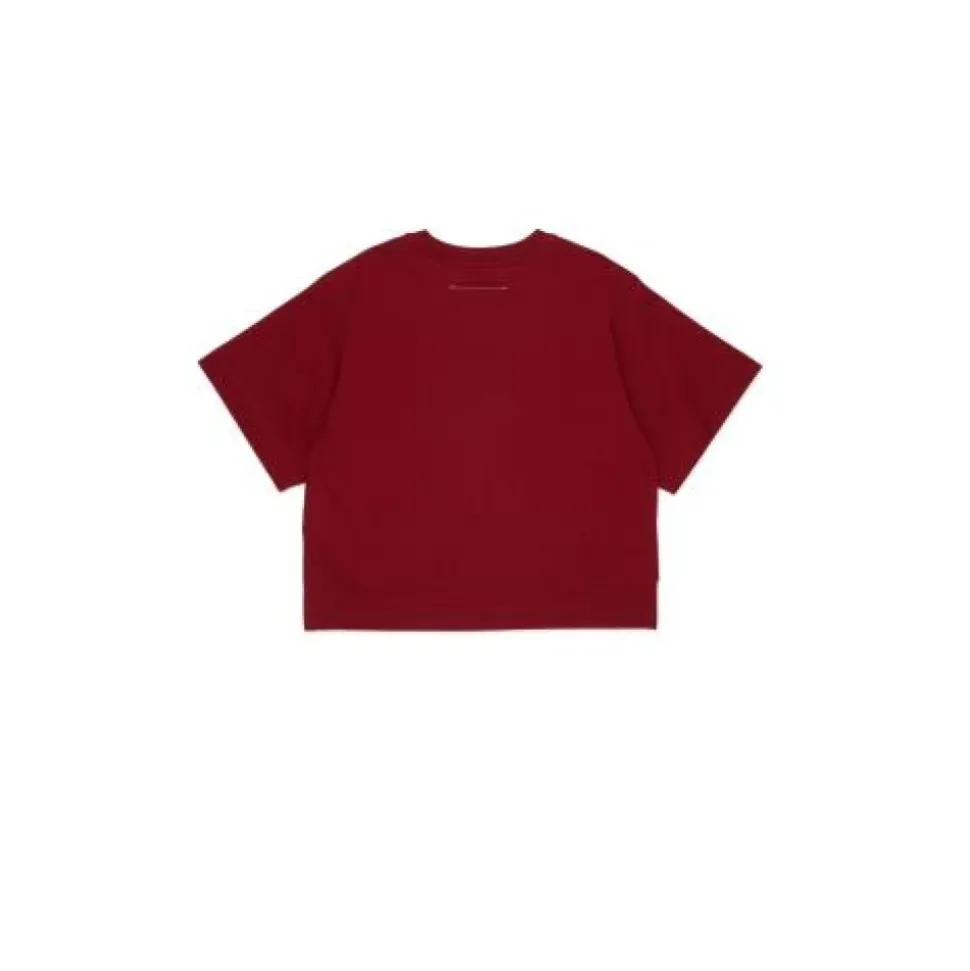 T-shirt z logo i dżetami oraz asymetrycznym dołem