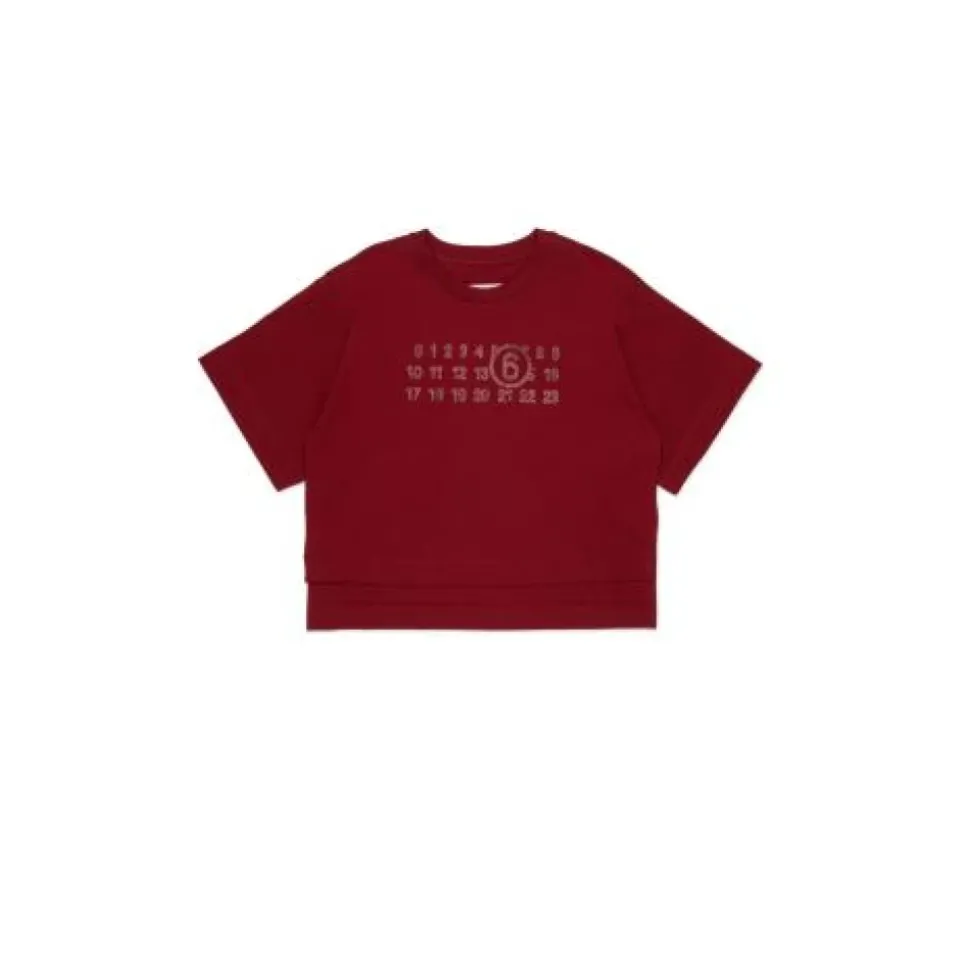 T-shirt z logo i dżetami oraz asymetrycznym dołem